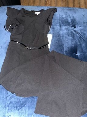 Calvin Klein Women's Pantsuit Black Ruffled Sleeveless W/ Belt Sz 4 Small NEW